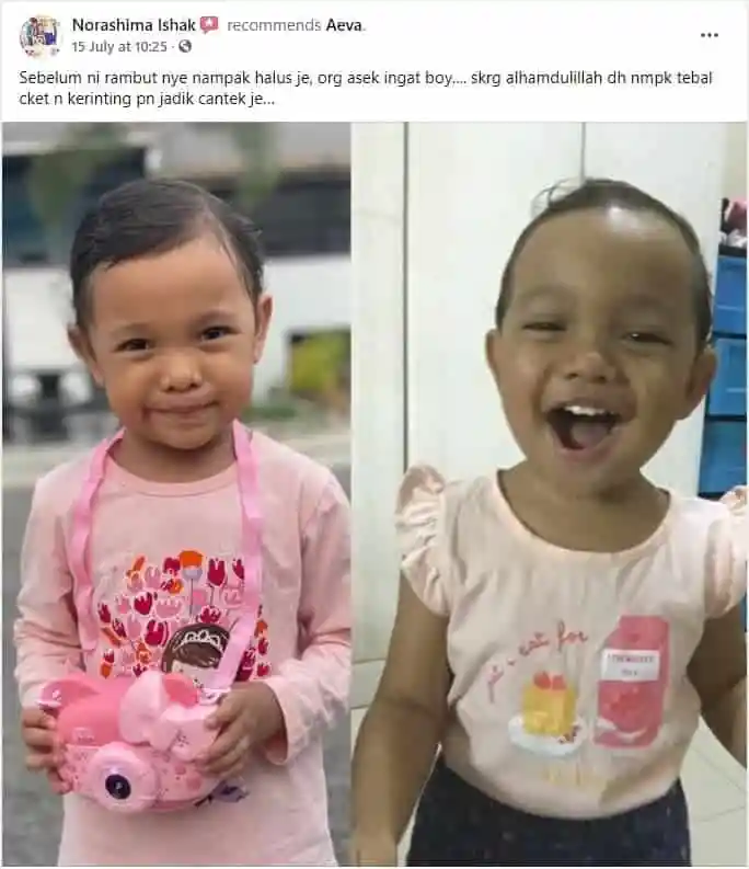 Tangkapan skrin syor pelanggan Aeva, bersama gambar anak