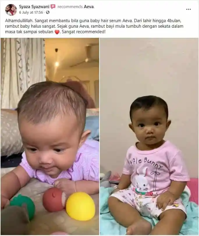 Tangkapan skrin syor pelanggan Aeva, bersama gambar anak